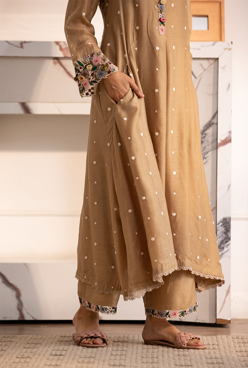 Beige Orchid Collar Sahiba Kurta Set