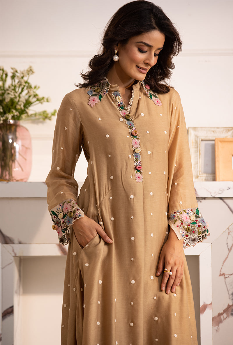 Beige Orchid Collar Sahiba Kurta Set
