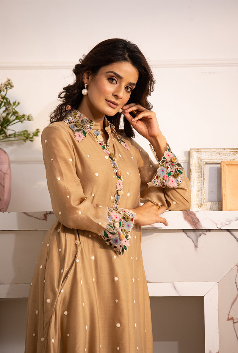 Beige Orchid Collar Sahiba Kurta Set