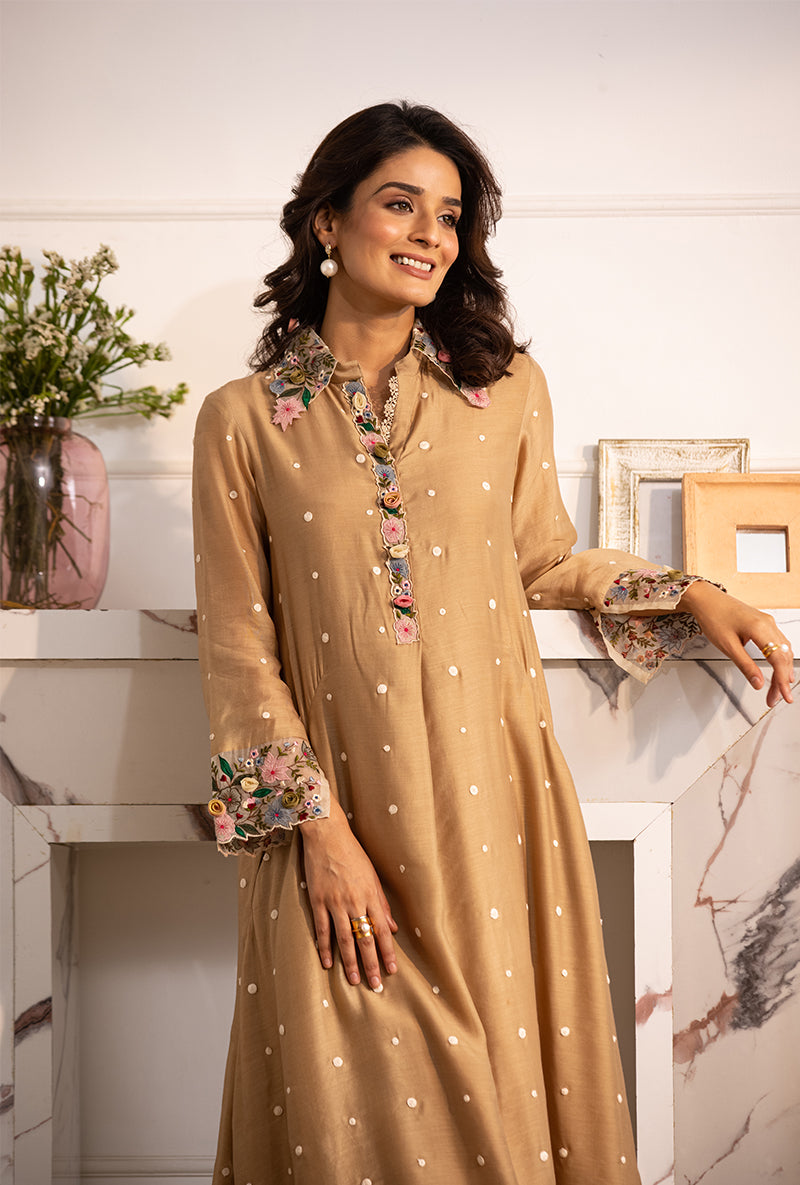 Beige Orchid Collar Sahiba Kurta Set