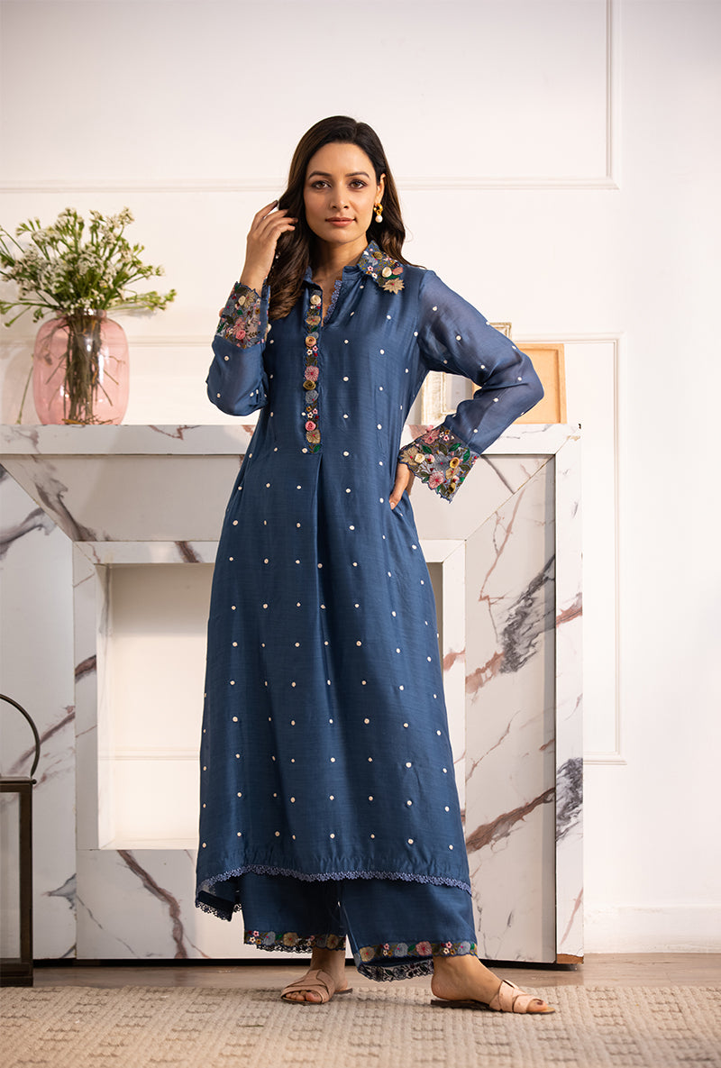 Blue Orchid Collar Sahiba Kurta Set