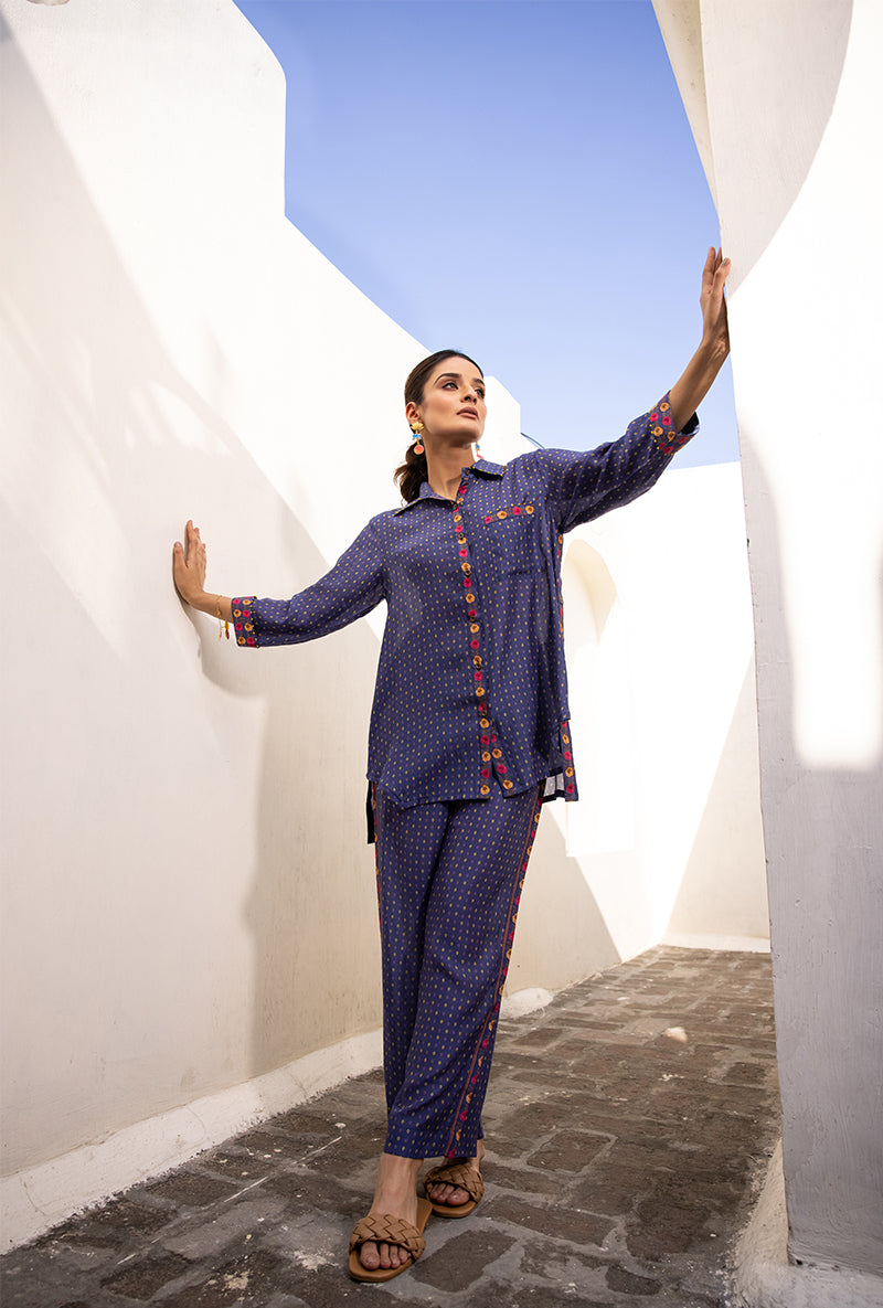 Blue Side Button Sufia Co-ord Set