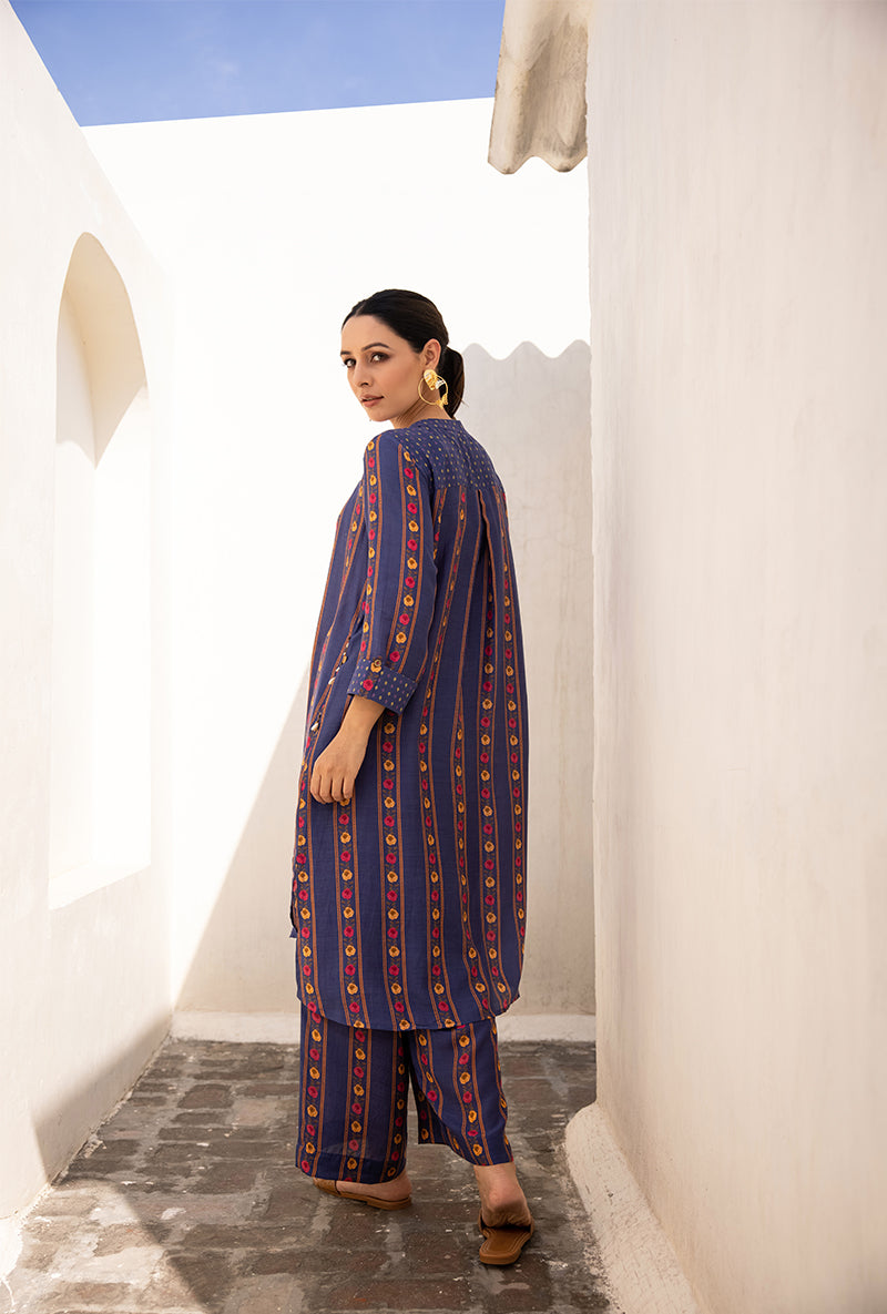 Blue Stripe Print Long Sufia Co-ord Set