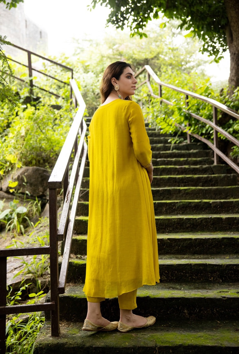 Yellow Front Pleat Kurta Set