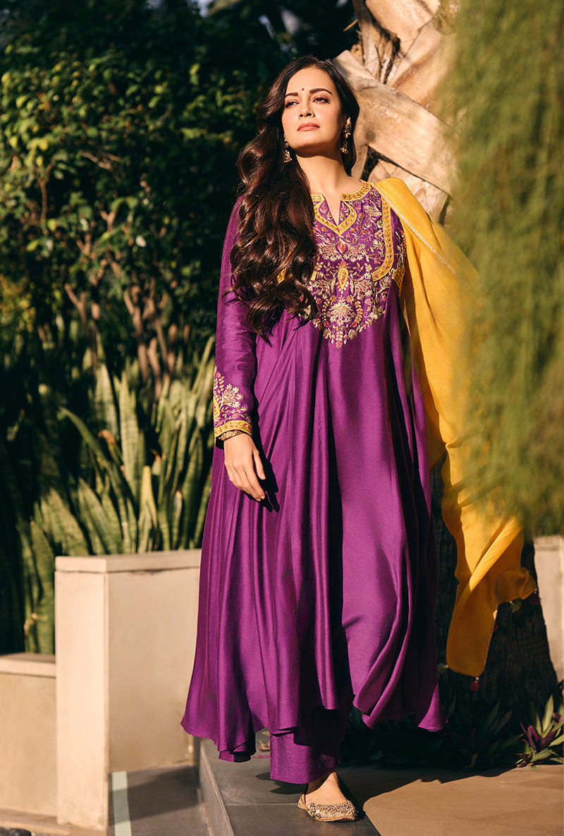 Dia Mirza In Purple Mughal Yoke Masakali Kurta Set