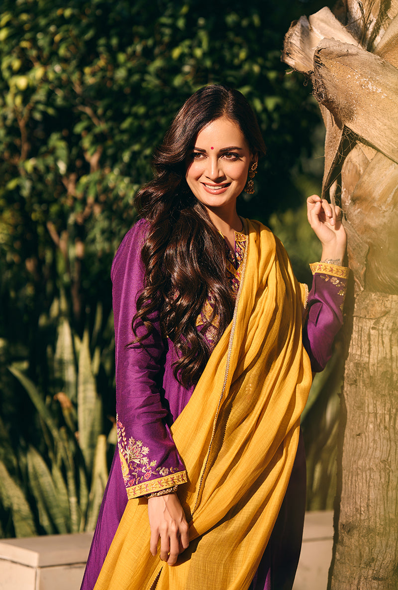 Dia Mirza In Purple Mughal Yoke Masakali Kurta Set
