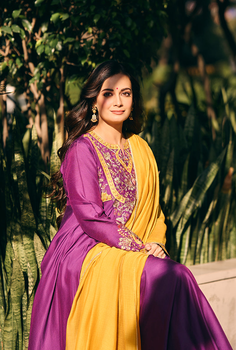 Dia Mirza In Purple Mughal Yoke Masakali Kurta Set