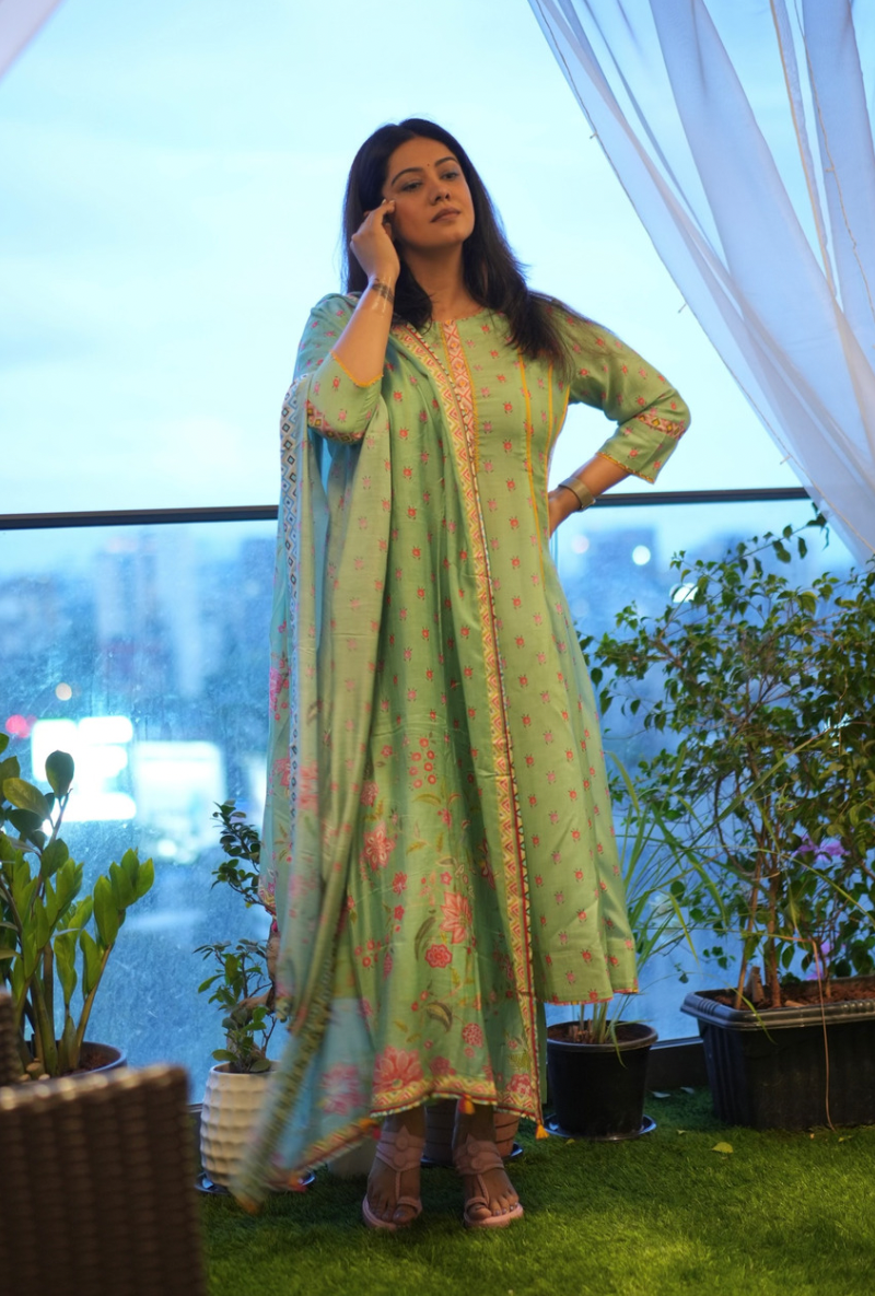 Eka Lakhani in Sea Green Printed A-line Reyah Kurta Set