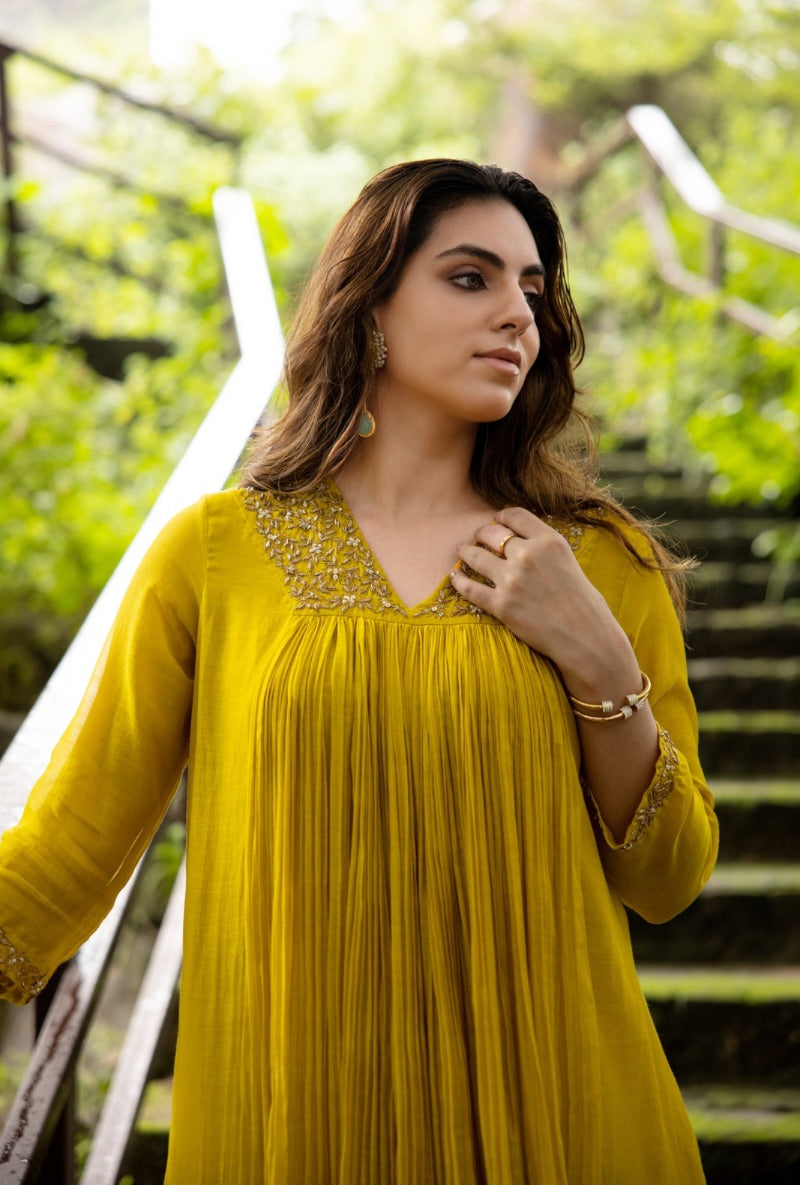 Yellow Front Pleat Kurta Set