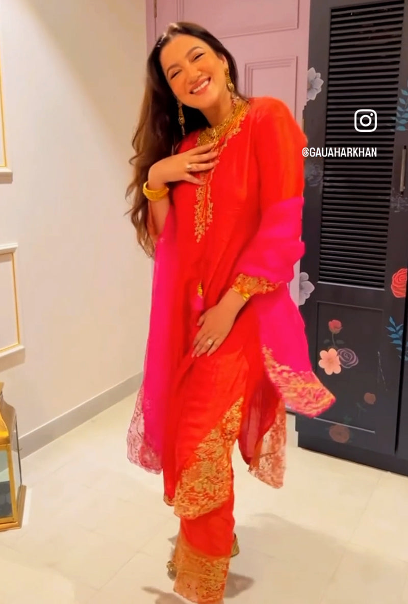 Gauahar Khan In Orange Leaf Jaal Farshi Ulfat Kurta Set