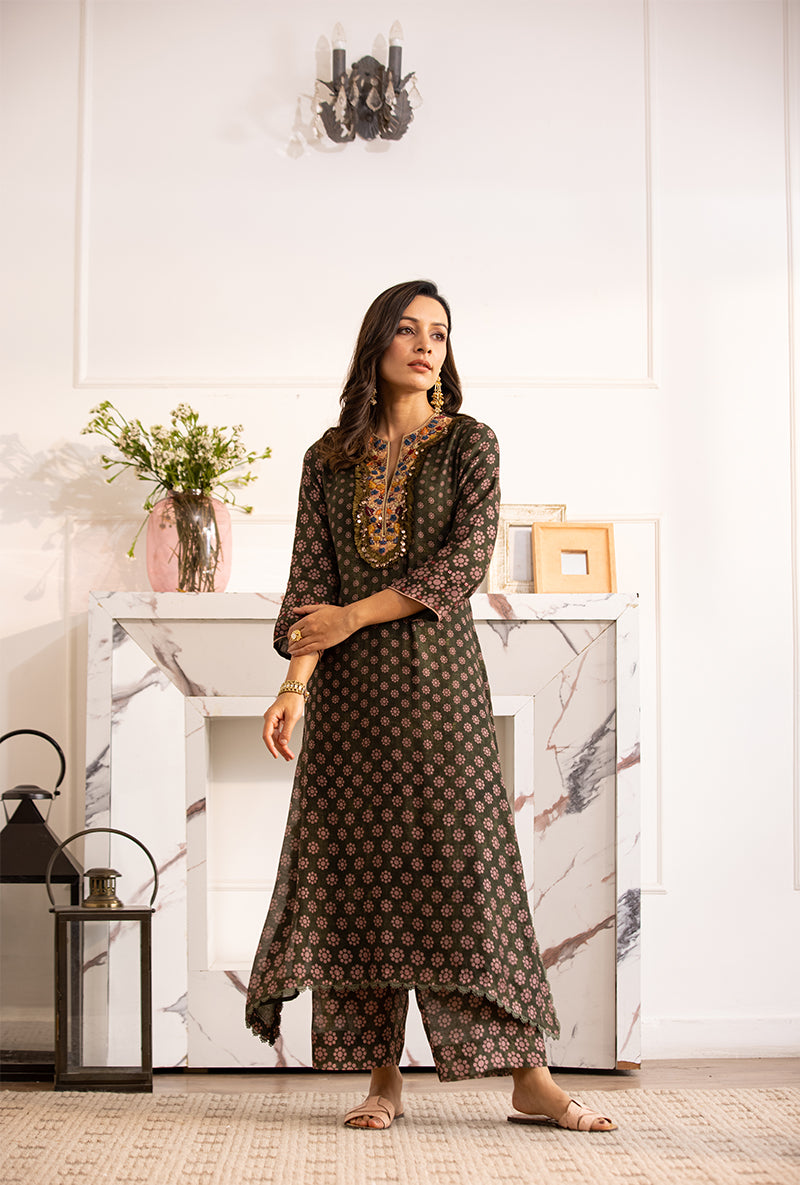 Green Classic Cascade Navya Kurta Set