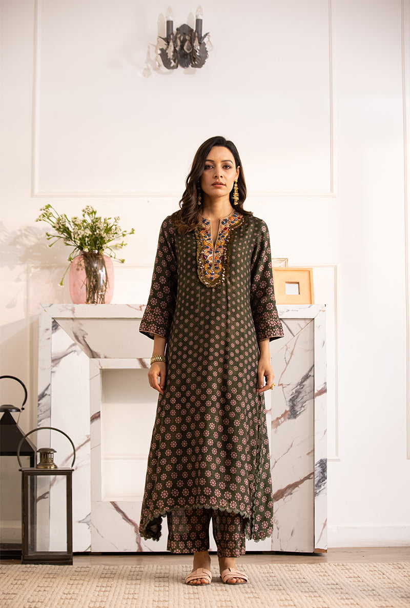 Green Classic Cascade Navya Kurta Set
