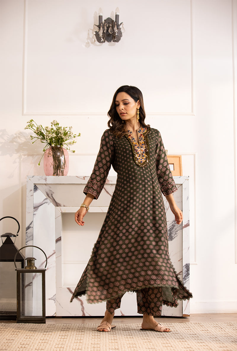 Green Classic Cascade Navya Kurta Set