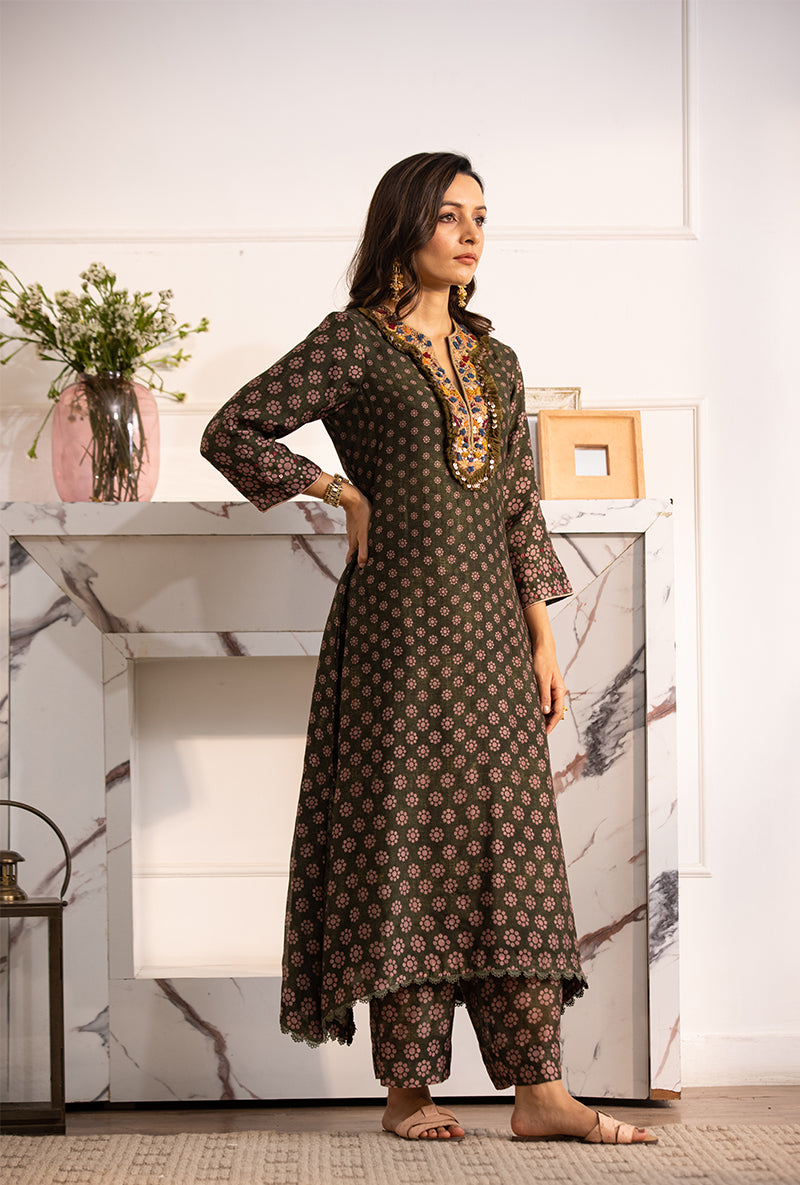 Green Classic Cascade Navya Kurta Set