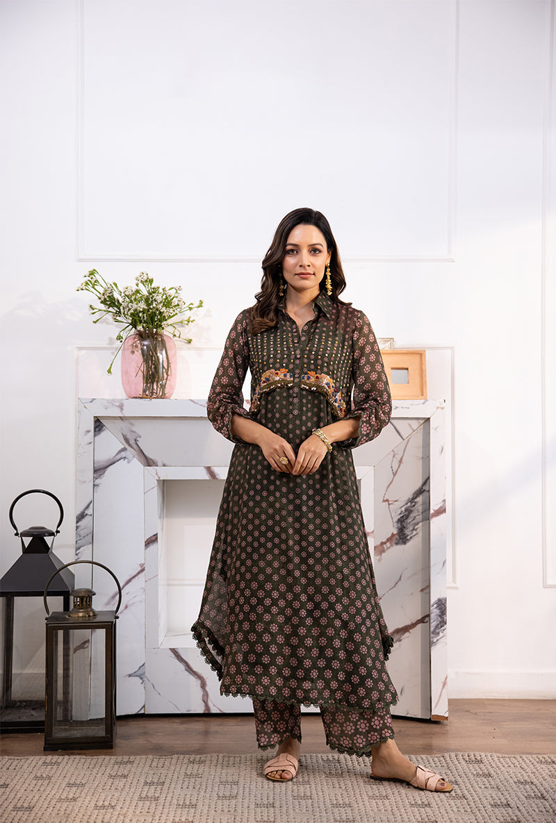 Green Collar Cascade Navya Kurta Set