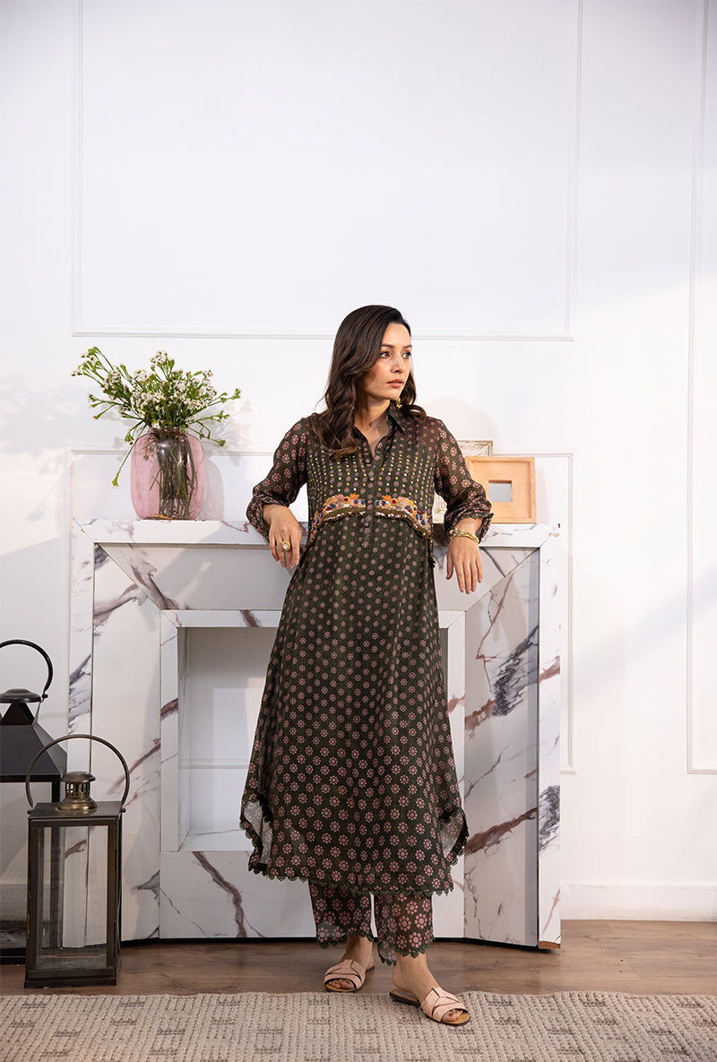 Green Collar Cascade Navya Kurta Set