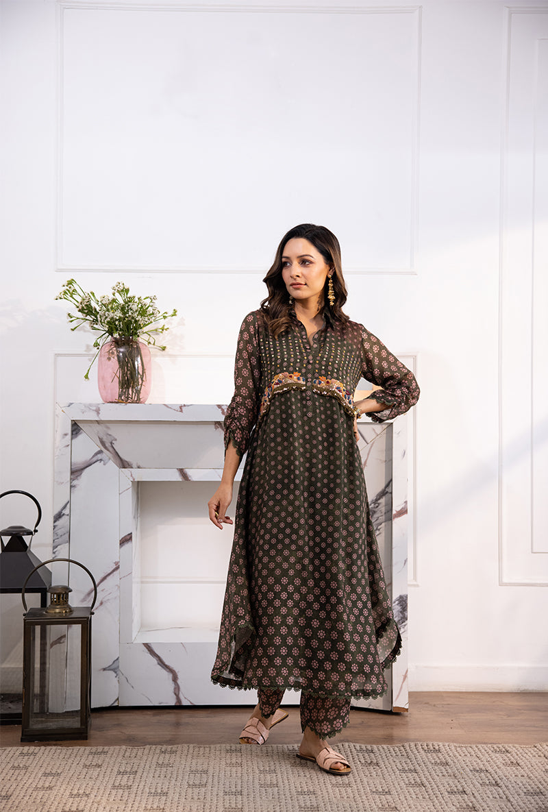 Green Collar Cascade Navya Kurta Set