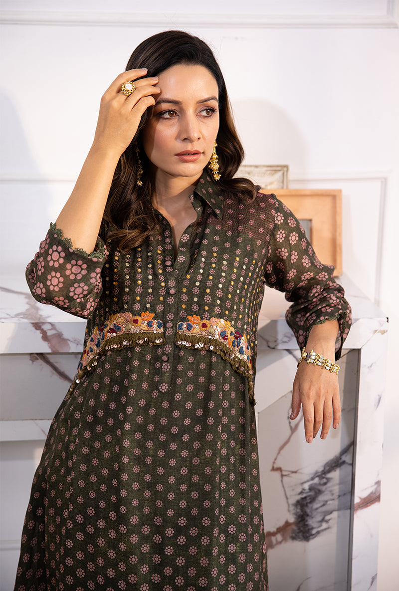 Green Collar Cascade Navya Kurta Set