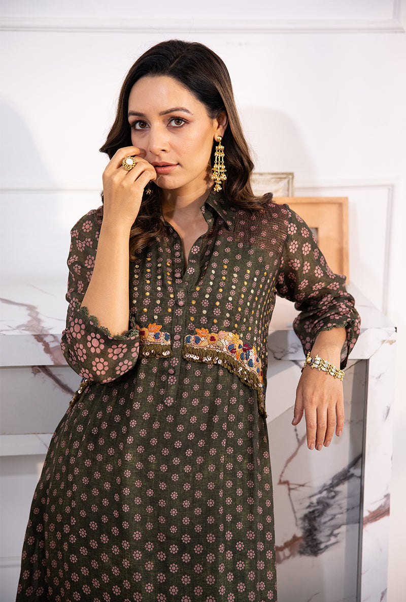 Green Collar Cascade Navya Kurta Set