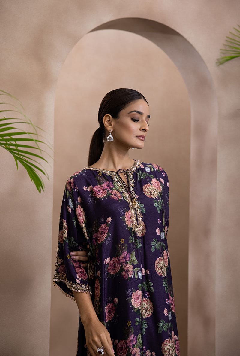 Purple Vintage Floral Rose Print Izra Kurta Set