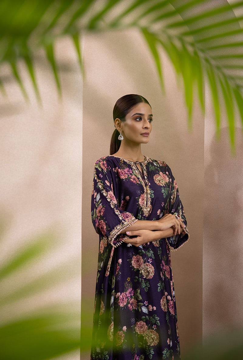Purple Vintage Floral Rose Print Izra Kurta Set