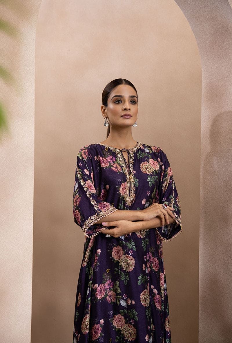 Purple Vintage Floral Rose Print Izra Kurta Set
