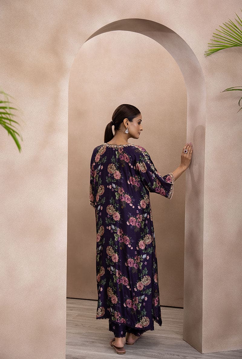 Purple Vintage Floral Rose Print Izra Kurta Set