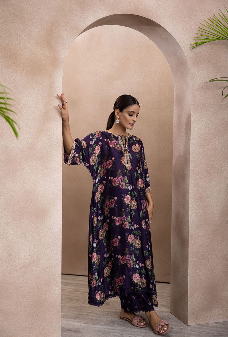 Purple Vintage Floral Rose Print Izra Kurta Set