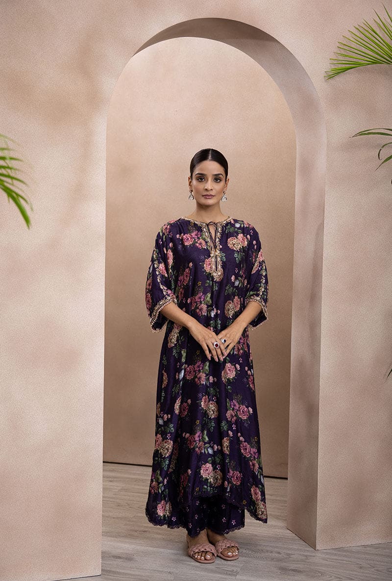 Purple Vintage Floral Rose Print Izra Kurta Set