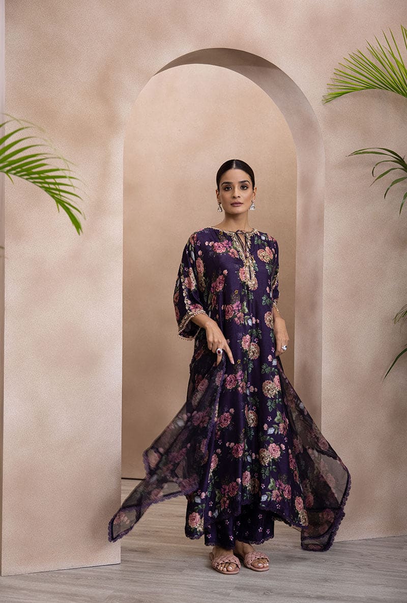 Purple Vintage Floral Rose Print Izra Kurta Set