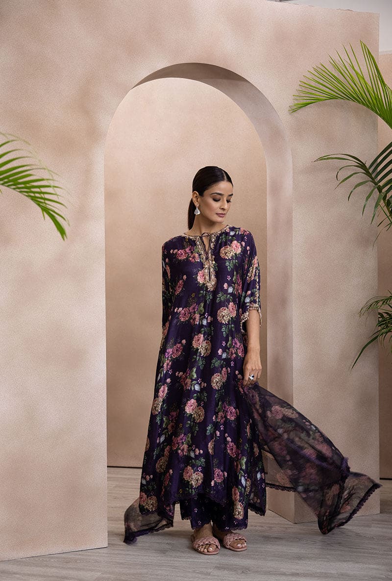 Purple Vintage Floral Rose Print Izra Kurta Set