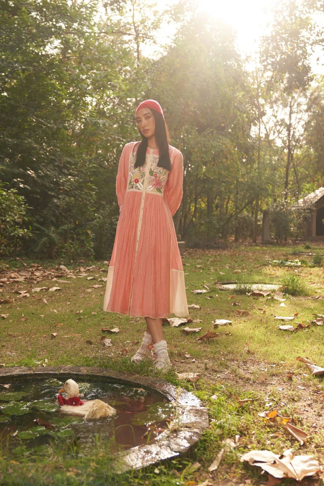 Peach Embroidered Yoke Jasmine Maple Dress