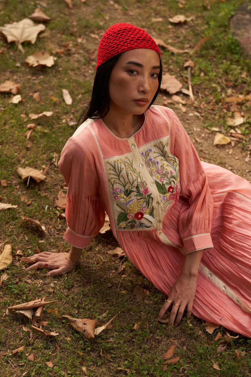 Peach Embroidered Yoke Jasmine Maple Dress