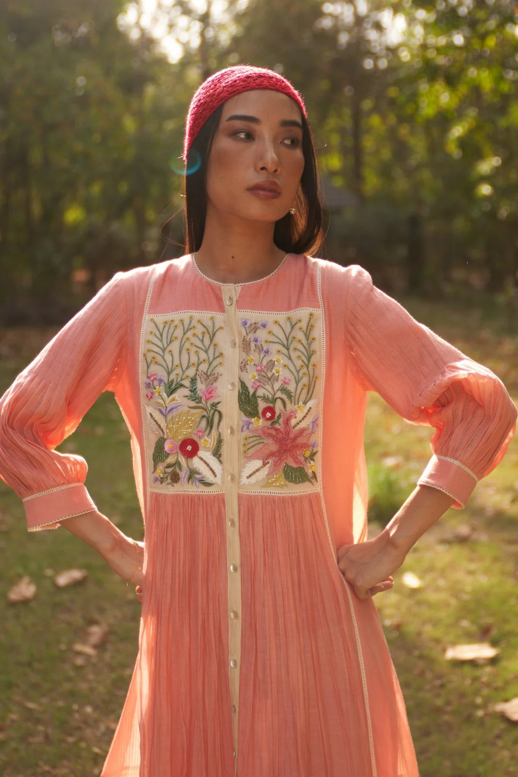 Peach Embroidered Yoke Jasmine Maple Dress