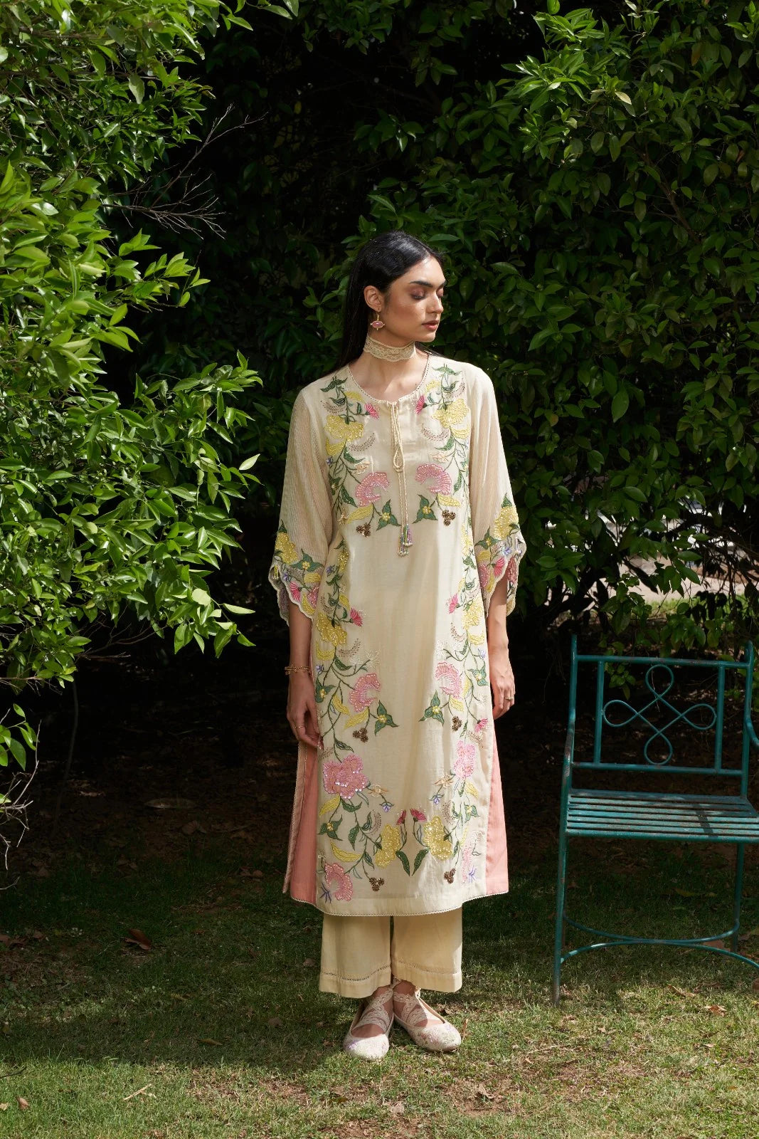 Beige Applique And Resham Work Iris Maple Kurta Set