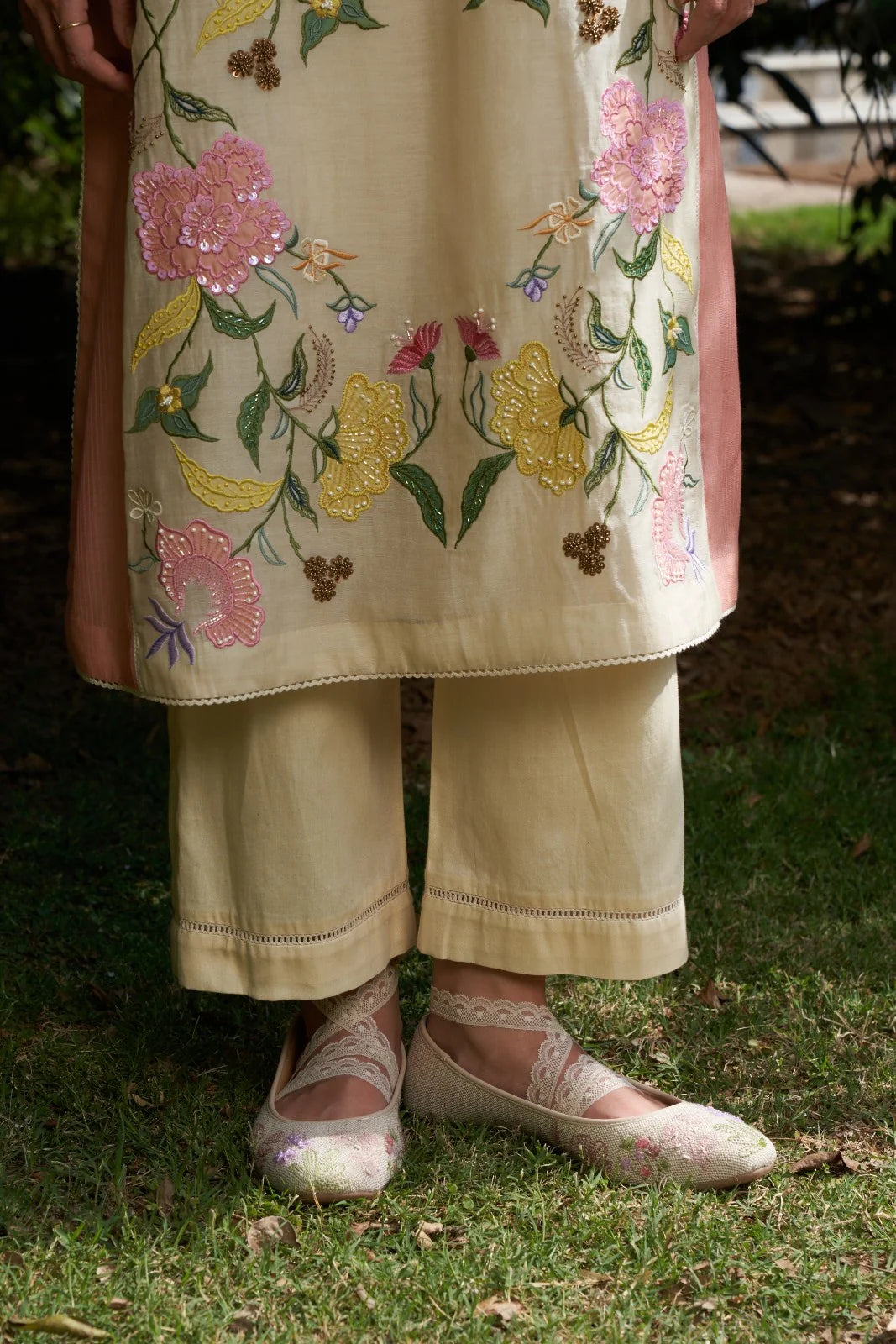 Beige Applique And Resham Work Iris Maple Kurta Set