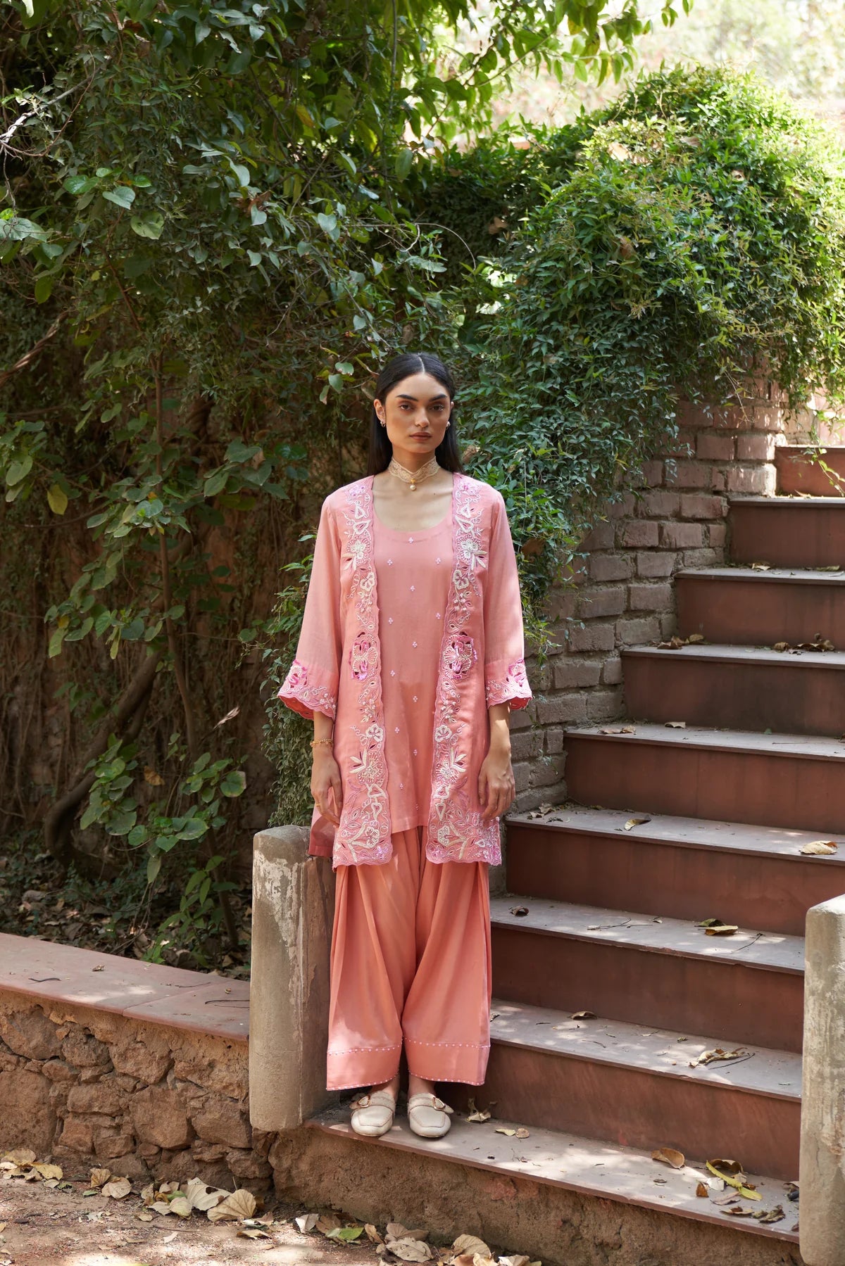 Peach Lace Work Carnation Maple Farshi Salwar Set