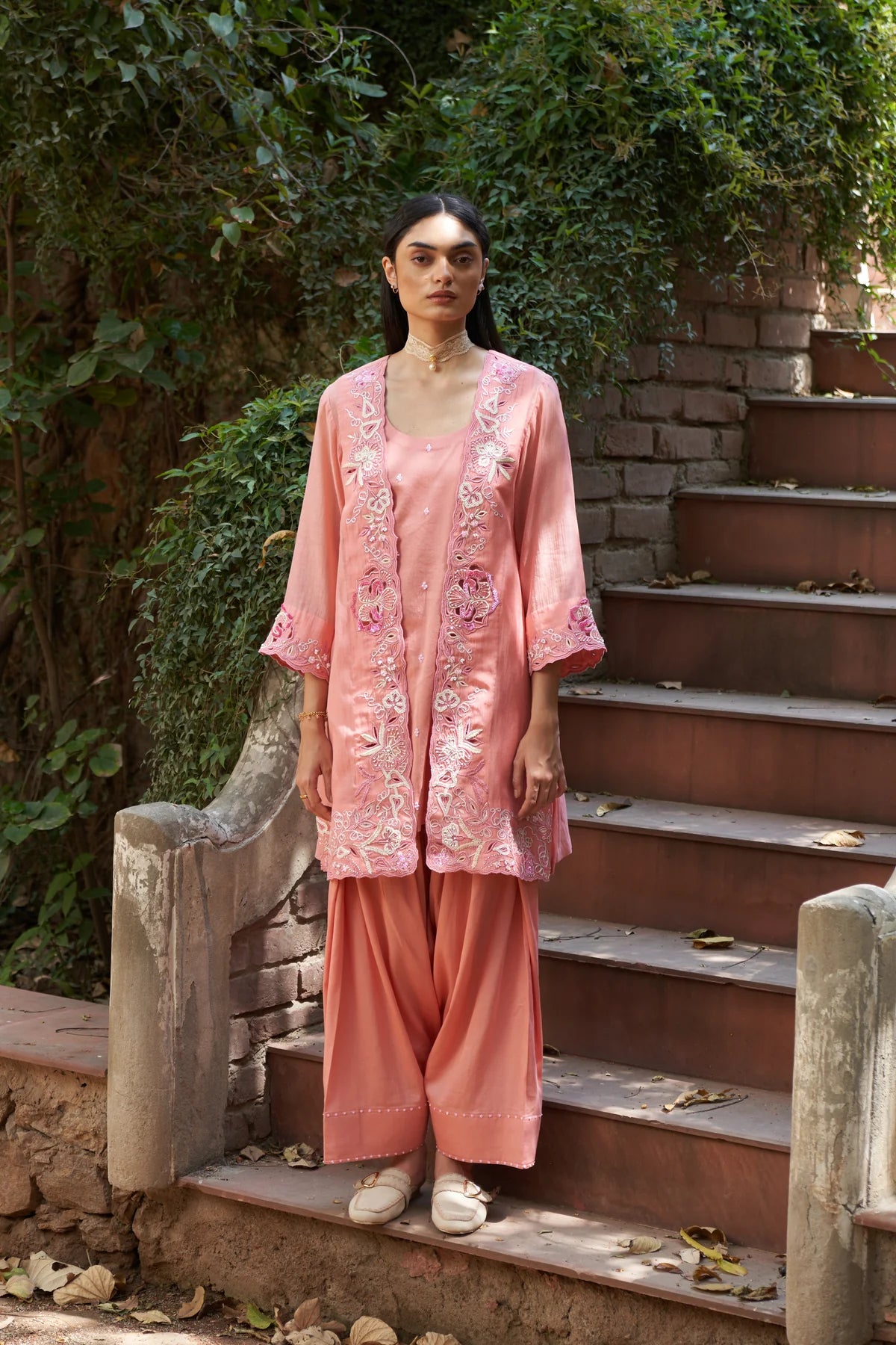 Peach Lace Work Carnation Maple Farshi Salwar Set