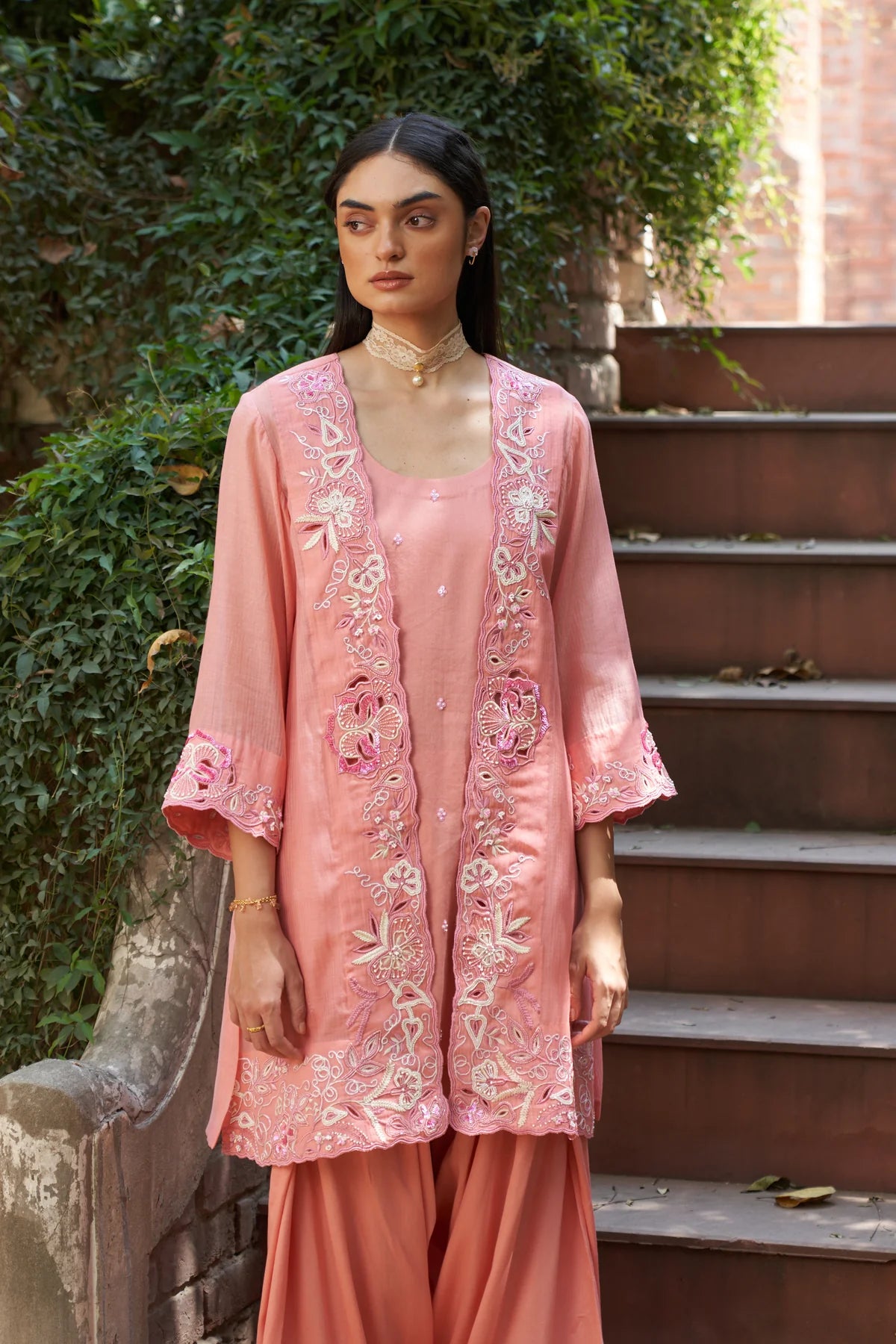 Peach Lace Work Carnation Maple Farshi Salwar Set