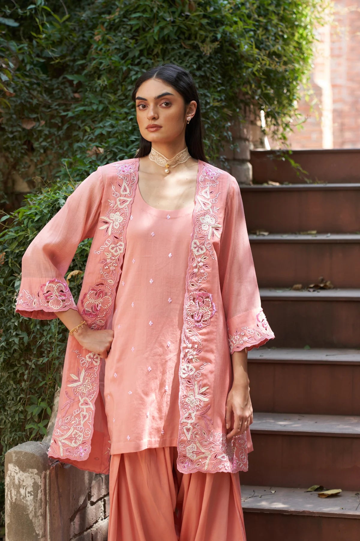 Peach Lace Work Carnation Maple Farshi Salwar Set