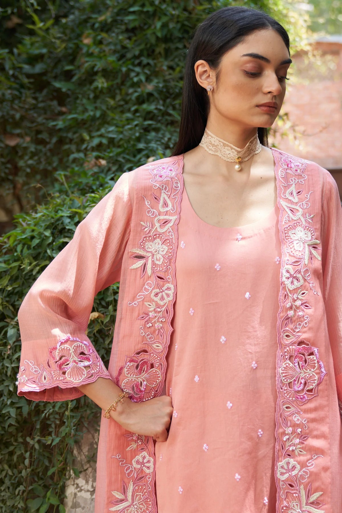 Peach Lace Work Carnation Maple Farshi Salwar Set