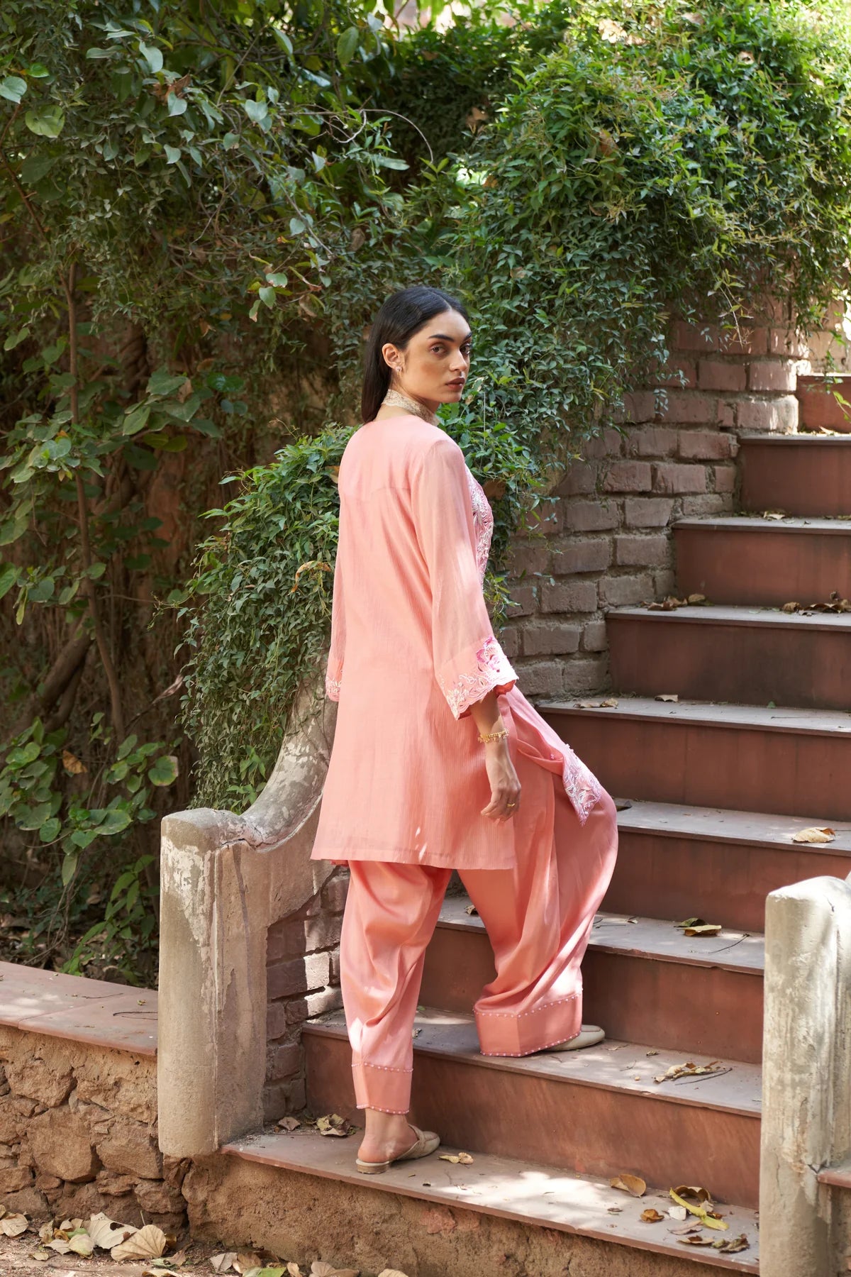 Peach Lace Work Carnation Maple Farshi Salwar Set