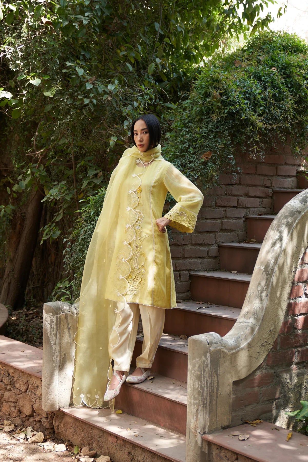 Lemon Yellow Applique Work Cosmos Maple Kurta Set