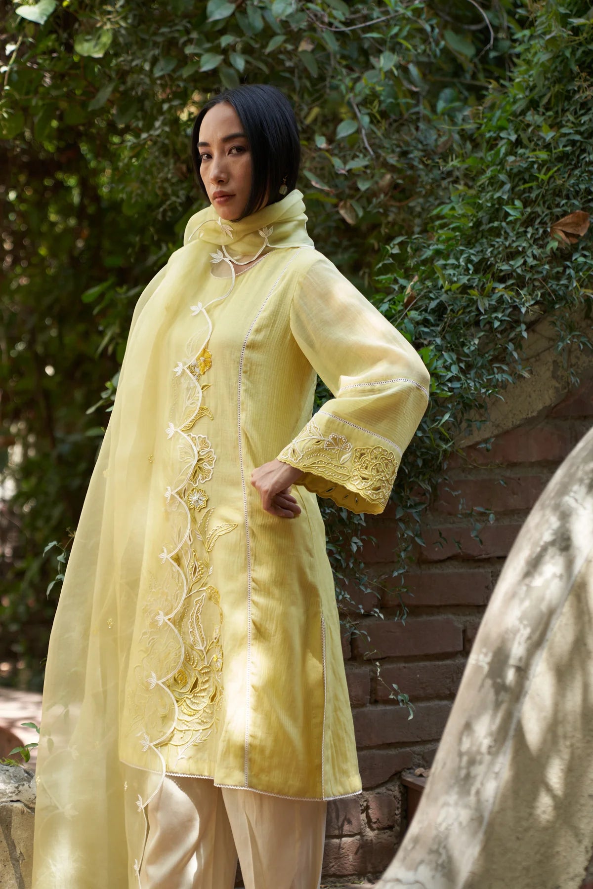 Lemon Yellow Applique Work Cosmos Maple Kurta Set