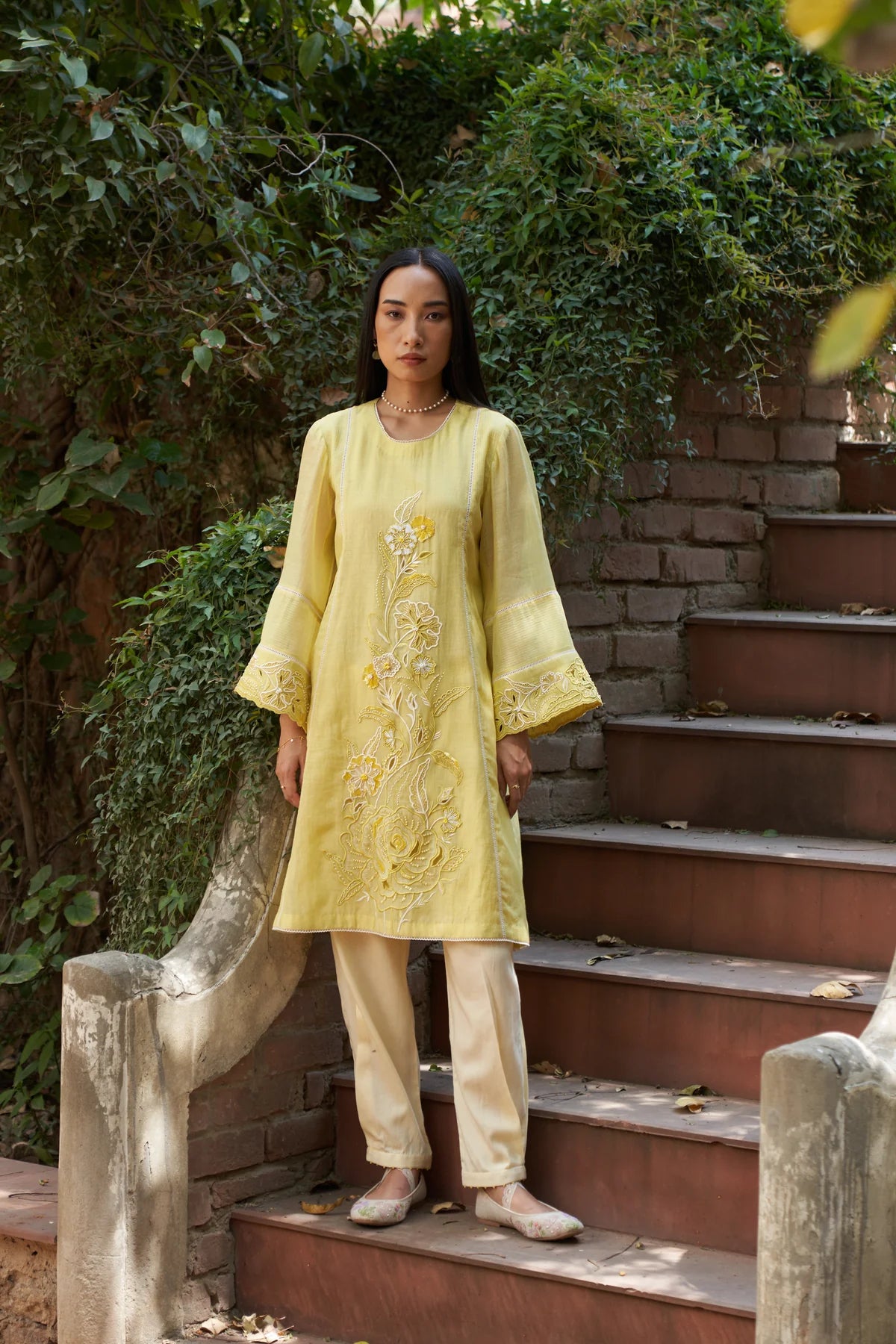 Lemon Yellow Applique Work Cosmos Maple Kurta Set