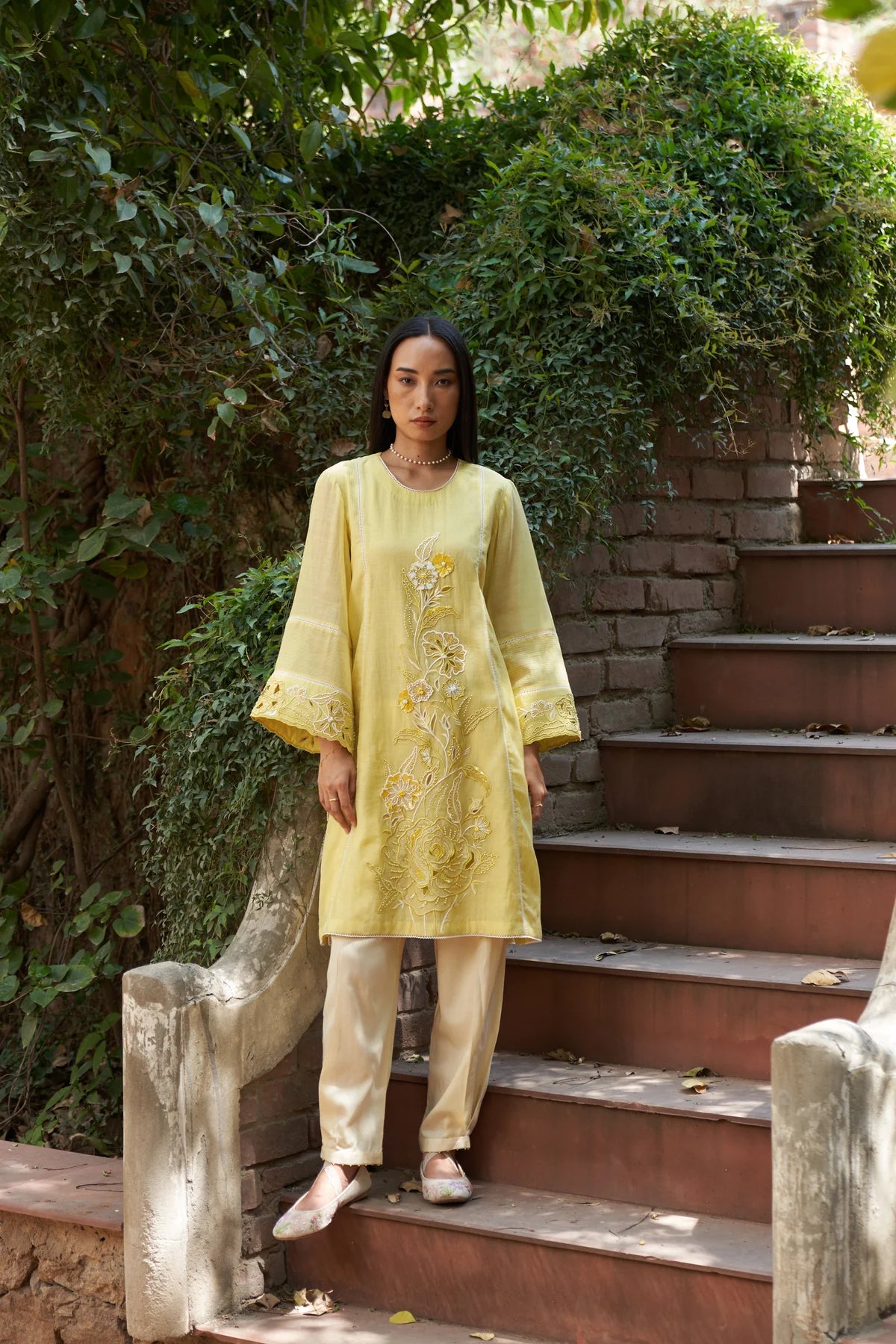 Lemon Yellow Applique Work Cosmos Maple Kurta Set