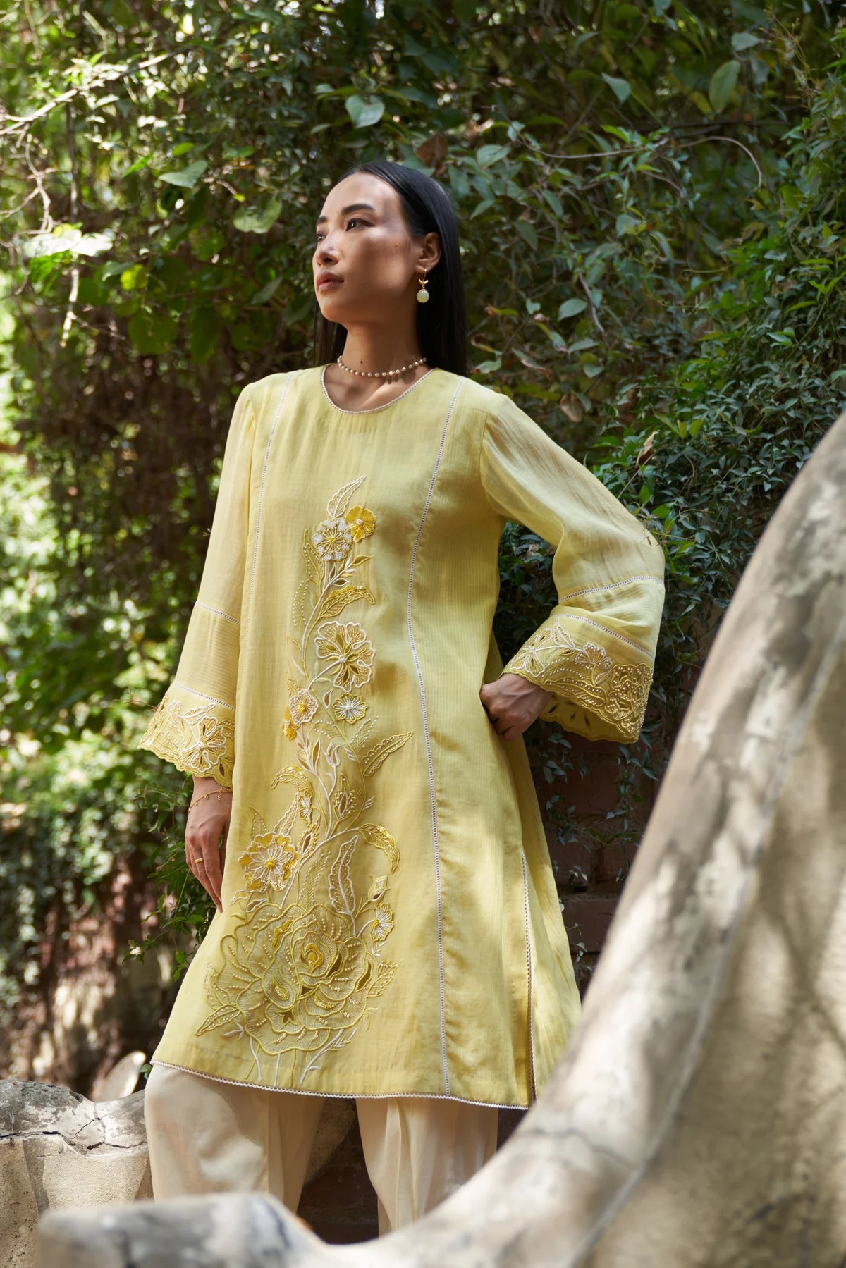 Lemon Yellow Applique Work Cosmos Maple Kurta Set