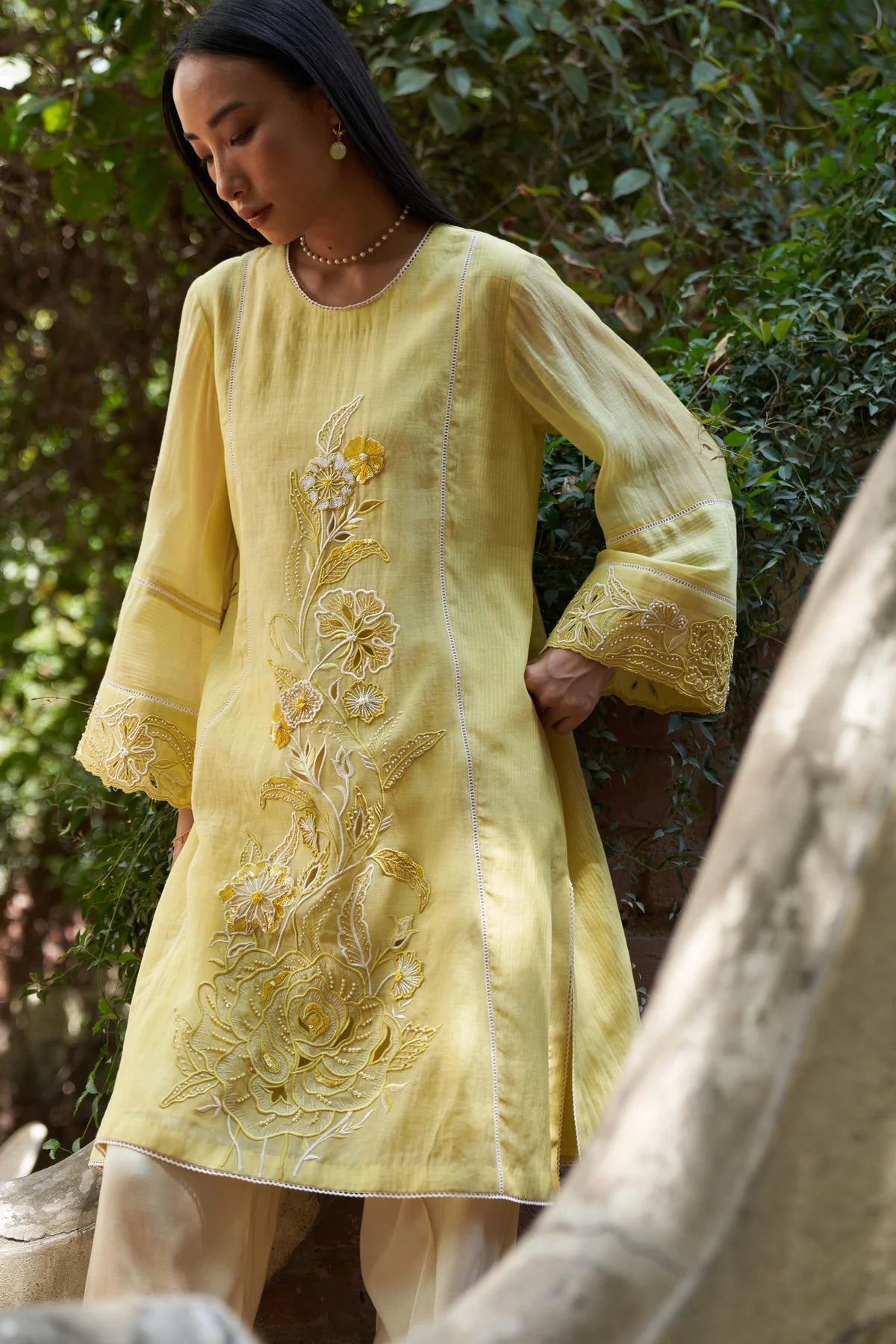Lemon Yellow Applique Work Cosmos Maple Kurta Set