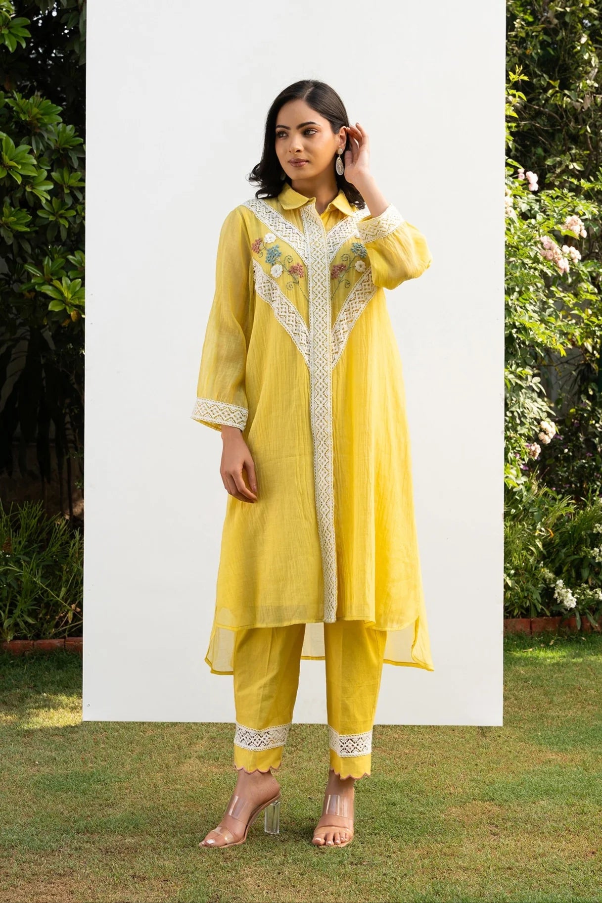 Varsha Rana in Lemon Yellow Collared High Low Kiki Kurta Set