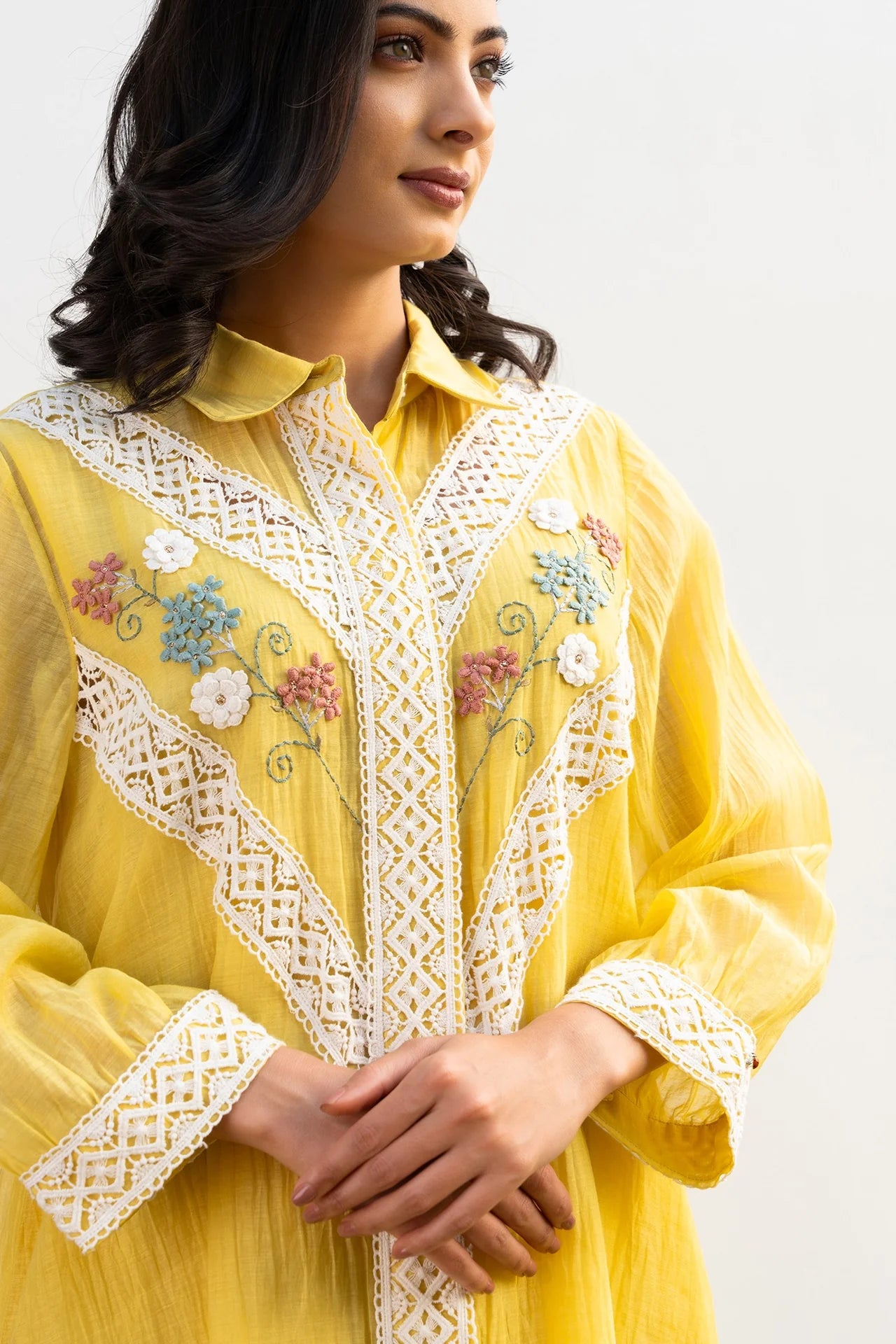 Varsha Rana in Lemon Yellow Collared High Low Kiki Kurta Set